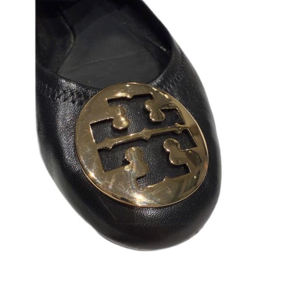 Tory Burch Reva Ballet Flats Black Leather Gold Logo Size 10M Retail $228 - Picture 2 of 8